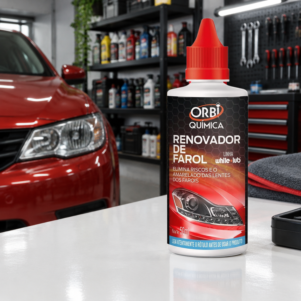 Frasco de 50ml do Renovador de Farol Orbi Química na bancada da garagem