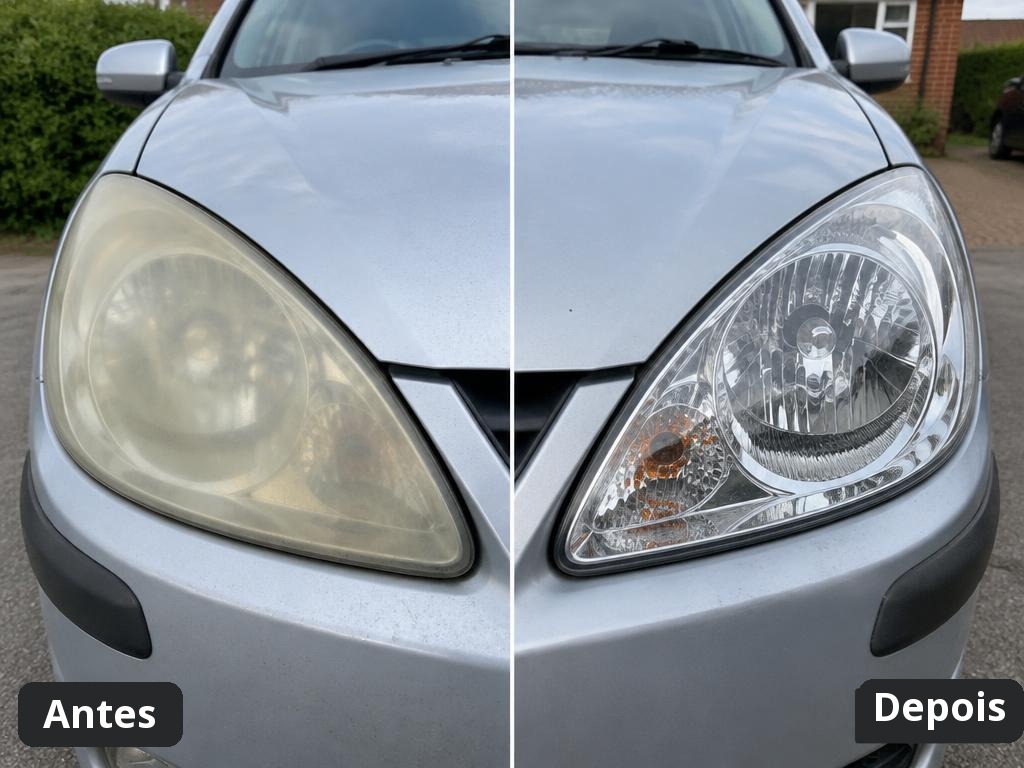 Farol de carro prata antes e depois da aplicação