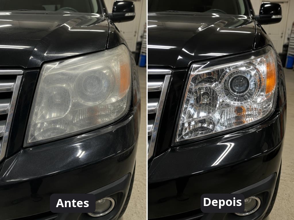 Farol de SUV preta antes opaco e depois cristalino