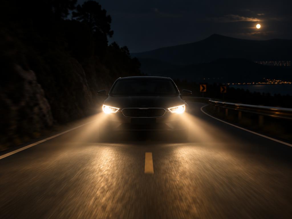 Carro dirigindo à noite com faróis limpos iluminando a estrada